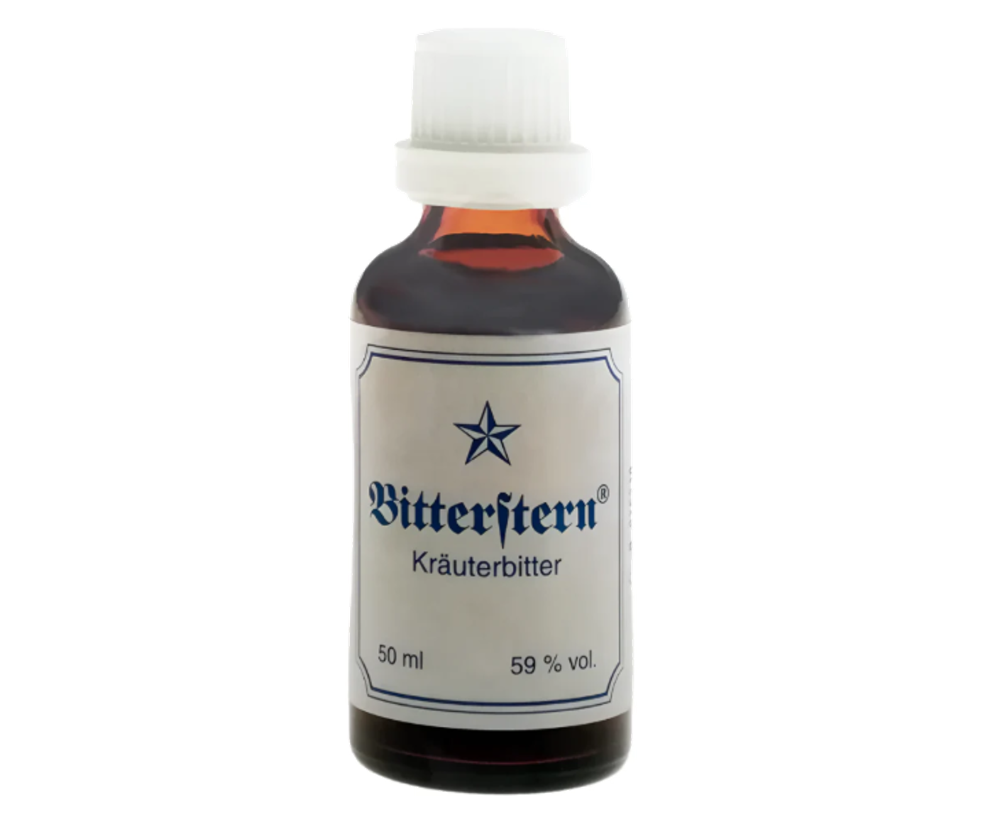 Bitterstern Bittertropfen in einem früher genutzten Design (Etikett und Flasche)