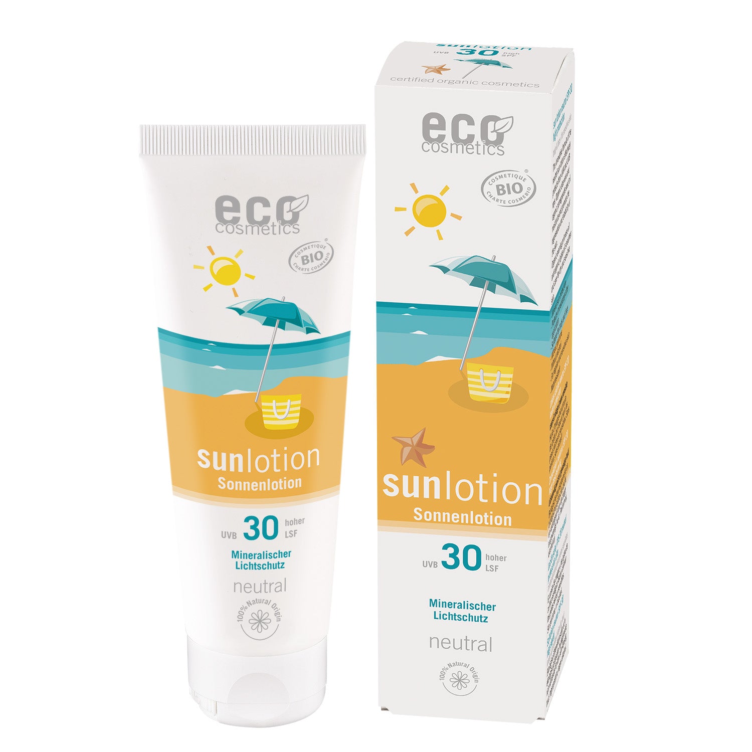 Eco Cosmetics Sonnenlotion Lichtschutzfaktor 30, Tube und Schachtel auf weißem Hintergrund