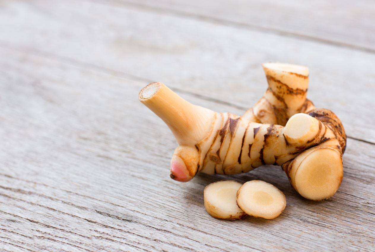 Galgantknolle auf hellem Holzuntergrund