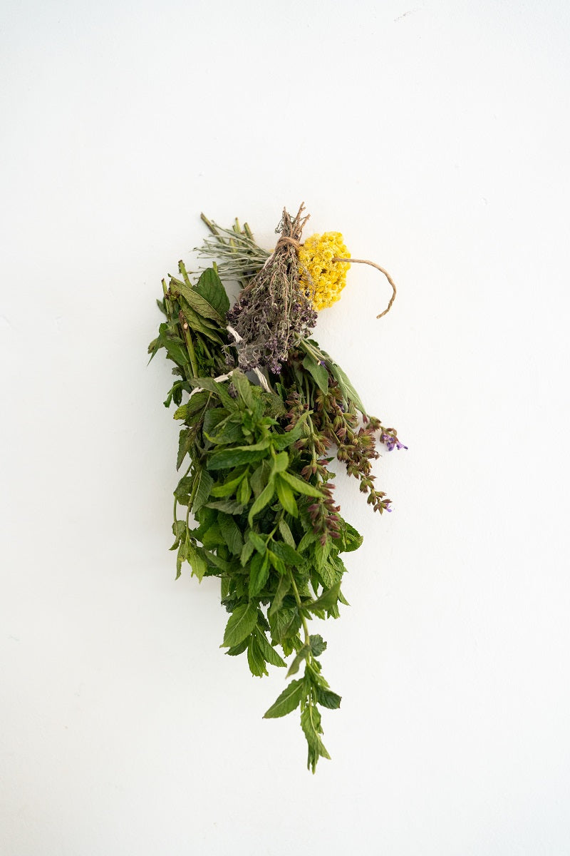 Bündel getrockneter Heilkräuter mit natürlichen Bitterstoffe. Minze, Schafgarbe, Salbei und Lavendel zur Unterstützung des Wohlbefindens