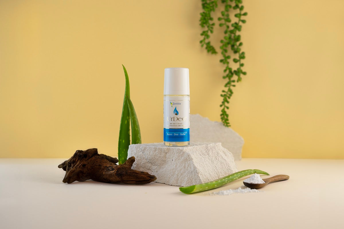 Natürlicher Deodorant-Roller, Basisches UrDeo von Laetitia, präsentiert auf Stein mit Aloe Vera, Holzstück und Löffel Salz.