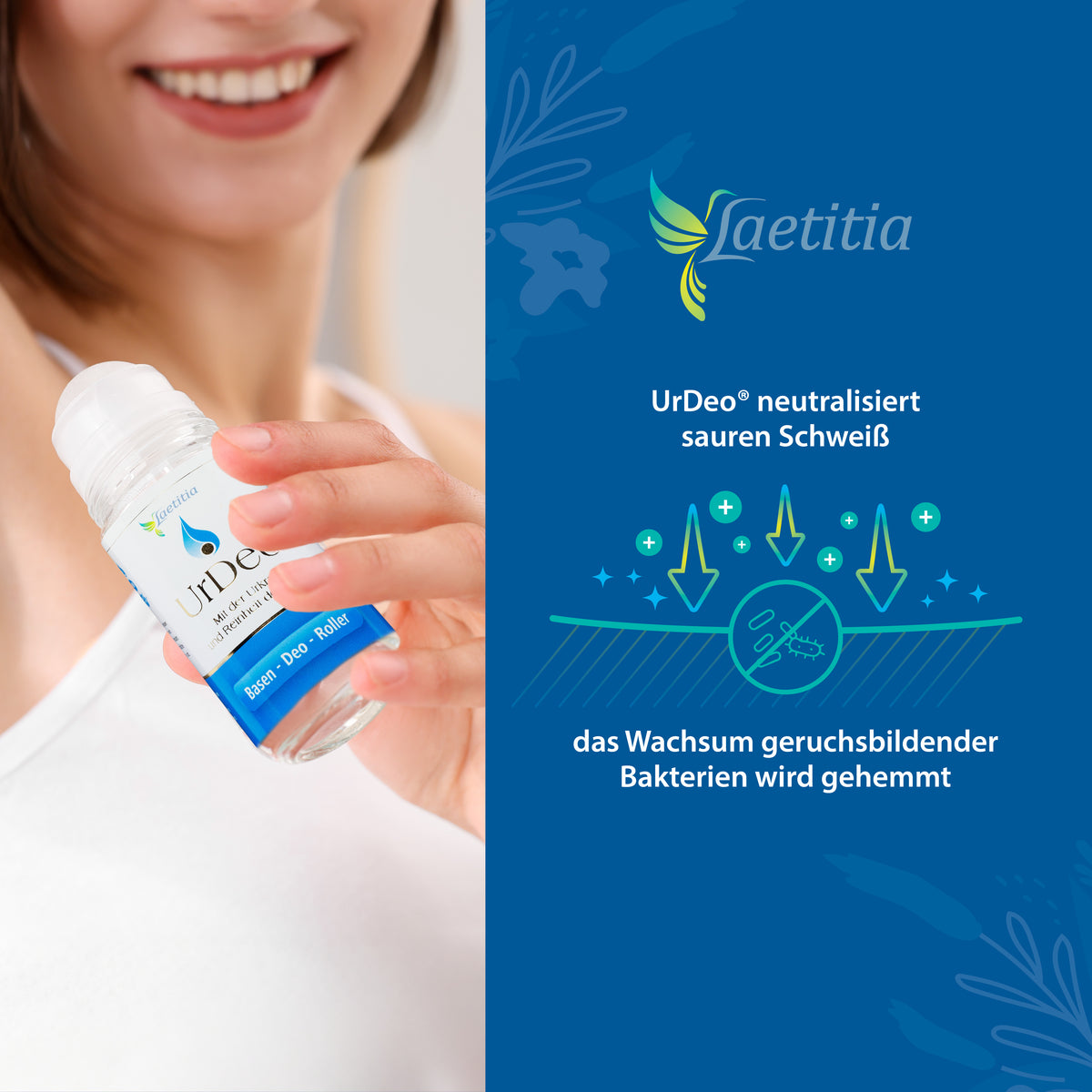 Infografik zum basischen UrDeo Roll-on von Laetitia: neutralisiert sauren Schweiß und hemmt das Wachstum geruchsbildender Bakterien – natürliche Deo-Wirkung ohne Aluminium