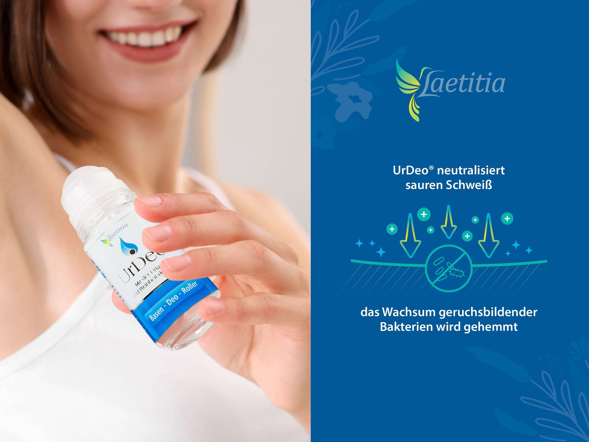 Infografik zum basischen UrDeo Roll-on von Laetitia: neutralisiert sauren Schweiß und hemmt das Wachstum geruchsbildender Bakterien – natürliche Deo-Wirkung ohne Aluminium