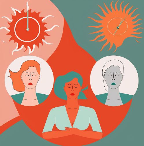 llustration von drei Frauen mit geschlossenen Augen vor abstrakten Sonnenmotiven, in warmen Rot- und Grüntönen gehalten