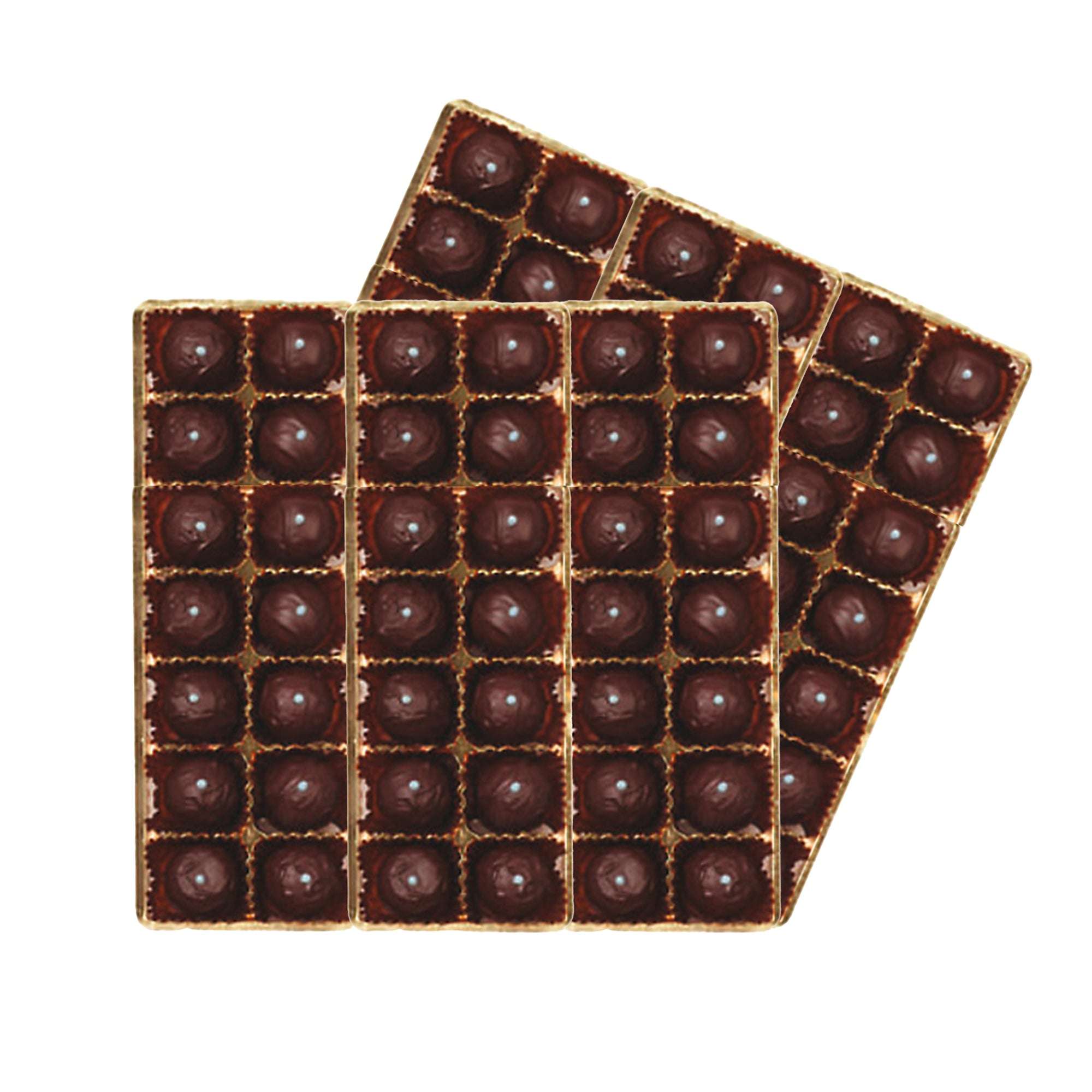 Zwei Tabletts mit insgesamt 84 original Bitterstern-Schokoladentrüffeln, kunstvoll angeordnet in einem goldenen Gitternetz.