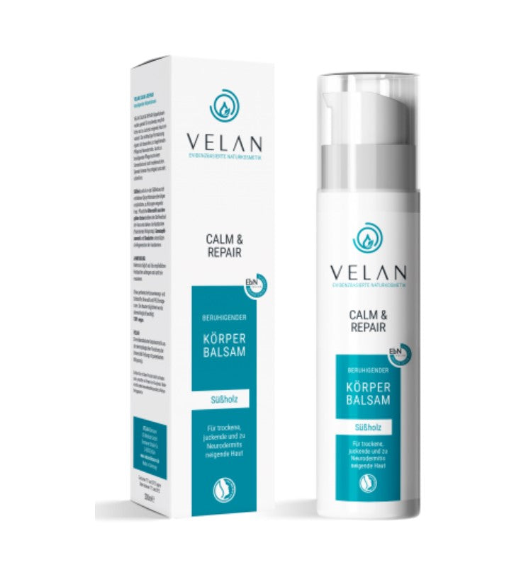 Velan Calm und Repair Creme von Velan: Spender und Schachtel vor weißem Hintergrund