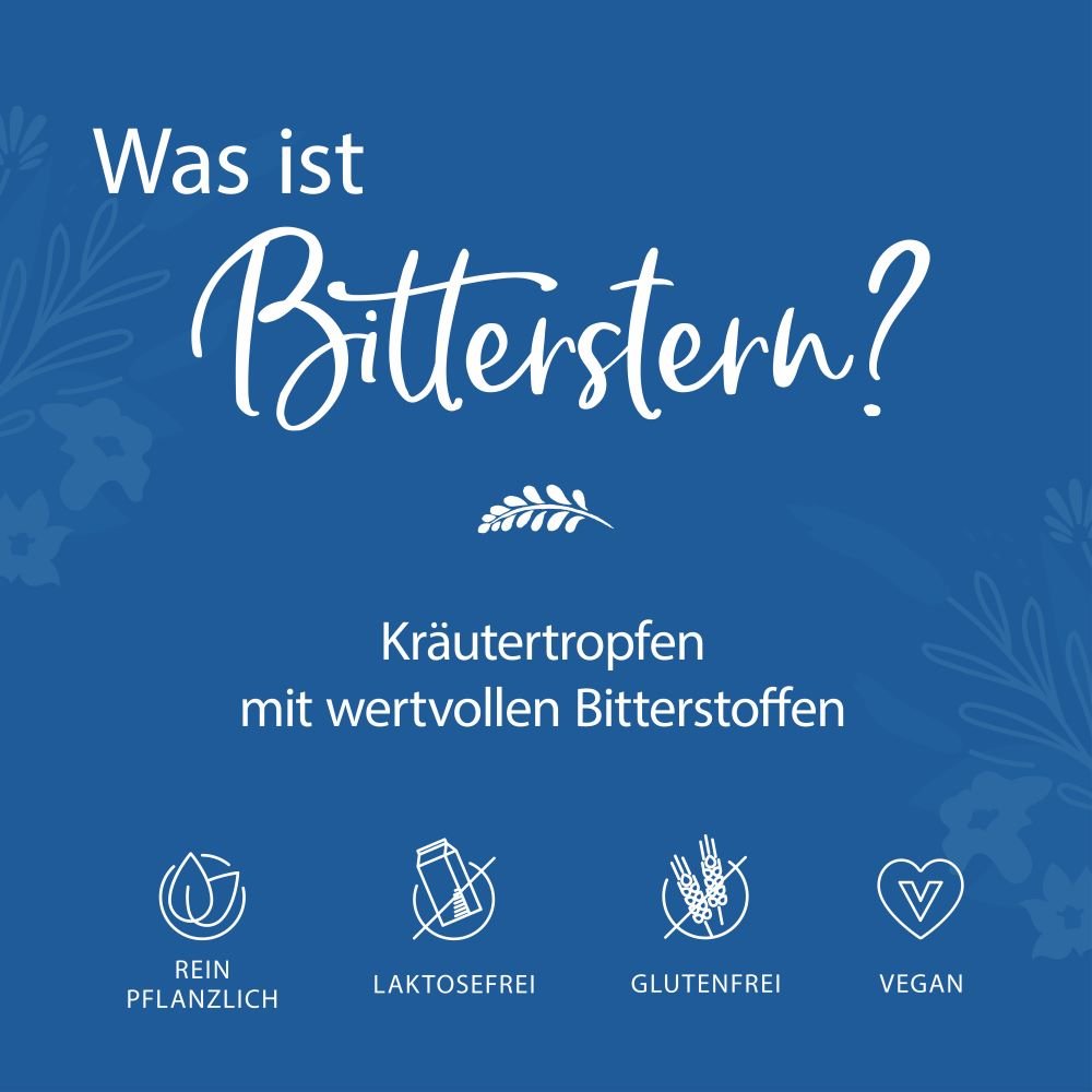 Blaues Design mit Text „Was ist Bitterstern?“, Kräutertropfen, rein pflanzlich, laktosefrei, glutenfrei, vegan Symbole.