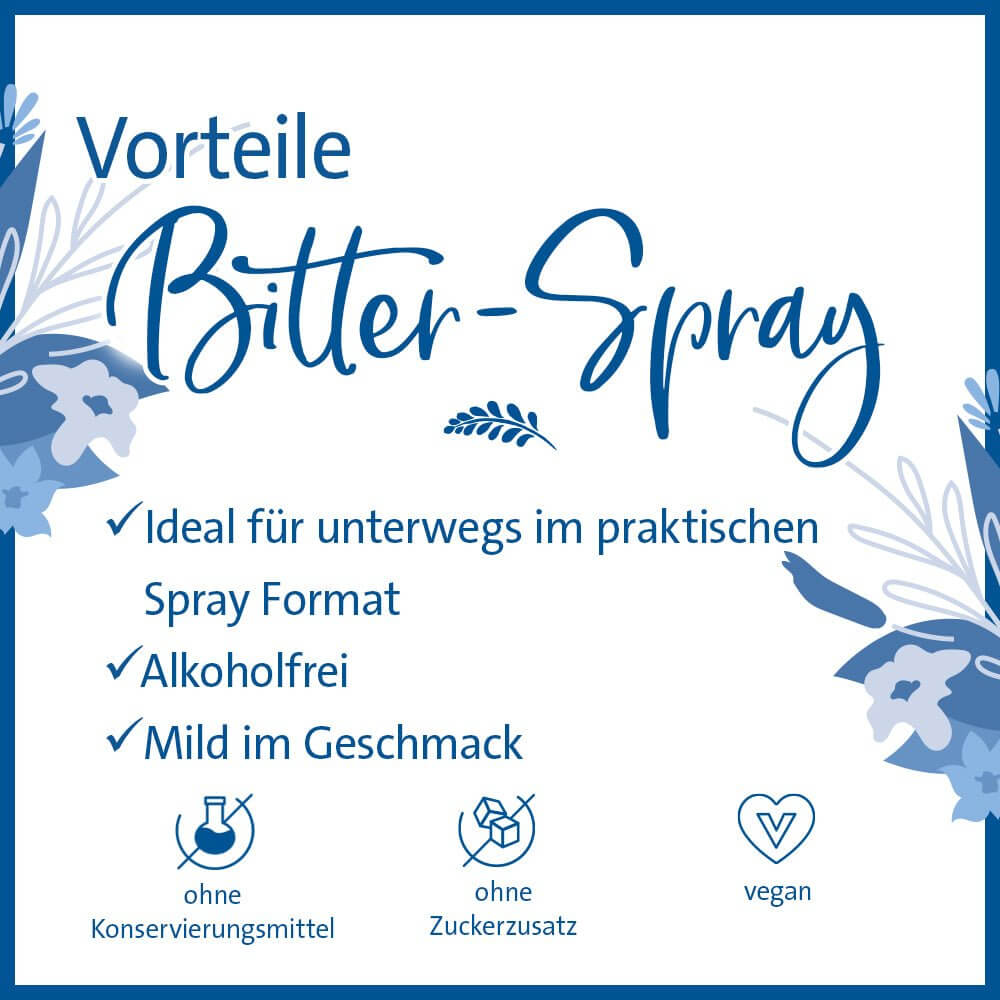 Vorteile von Bitterstern Bitter-Spray 20 ml: Praktisches Spray-Format, alkoholfrei, mild, ohne Konservierungsstoffe, vegan.