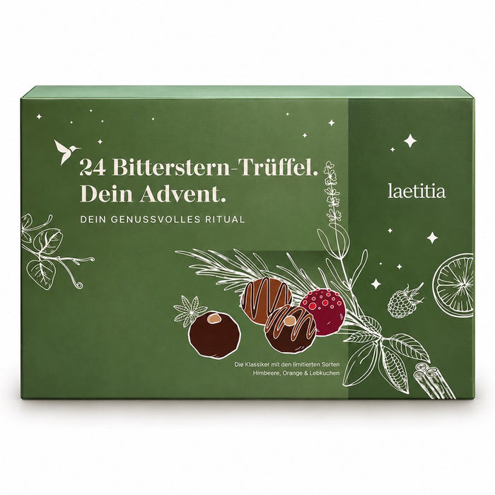 Bitterstern Trüffel Adventskalender mit 24 Schokoladentrüffeln und drei neuen Sorten Himbeere, Orange und Lebkuchen, davor eine Hand mit einem nummerierten Adventskalender-Türchen.