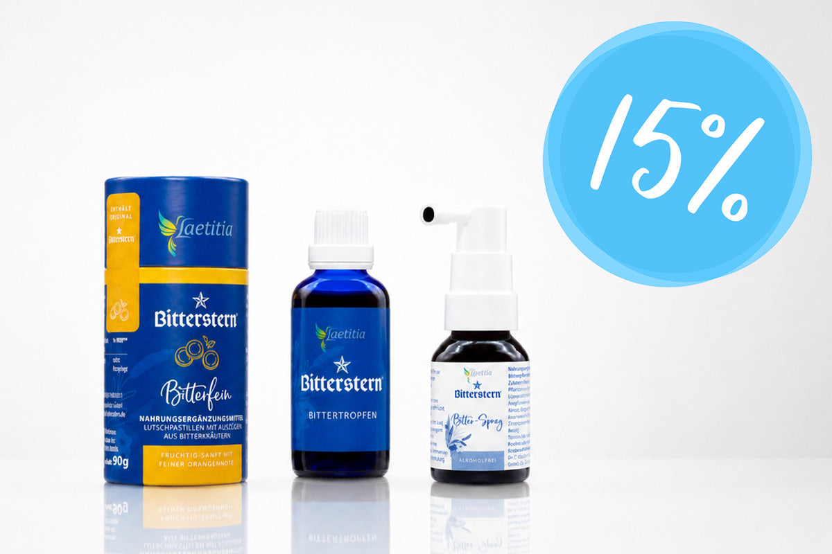 Bitterstern Pastillen Bitterfein, Bitterstern Bittertropfen 50ml und Bitterstern Spray mit einem Hinweis: 15% Rabatt. Das Bild steht für eine Bundle-Aktion der Bitterstoffprodukte zum Rabattpreis.