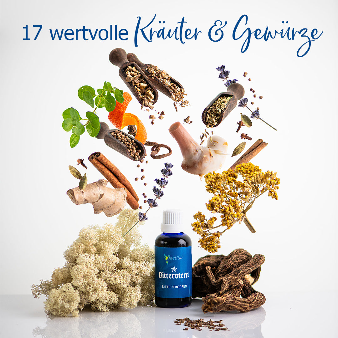 Bitterstern Bittertropfen mit all seinen Inhaltsstoffen, wie Lavendel, Galgant, Ingwer, Zimtrinde, etc.