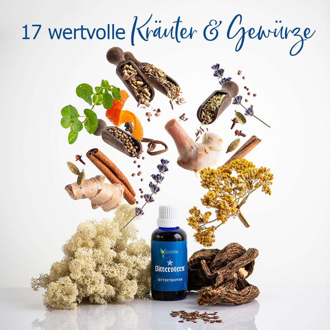 Bitterstern Bittertropfen Flasche mit all seinen Zutaten schwebend außen herum, wie Lavendel, Galgant, Ingwer, Zimtrinde, etc.