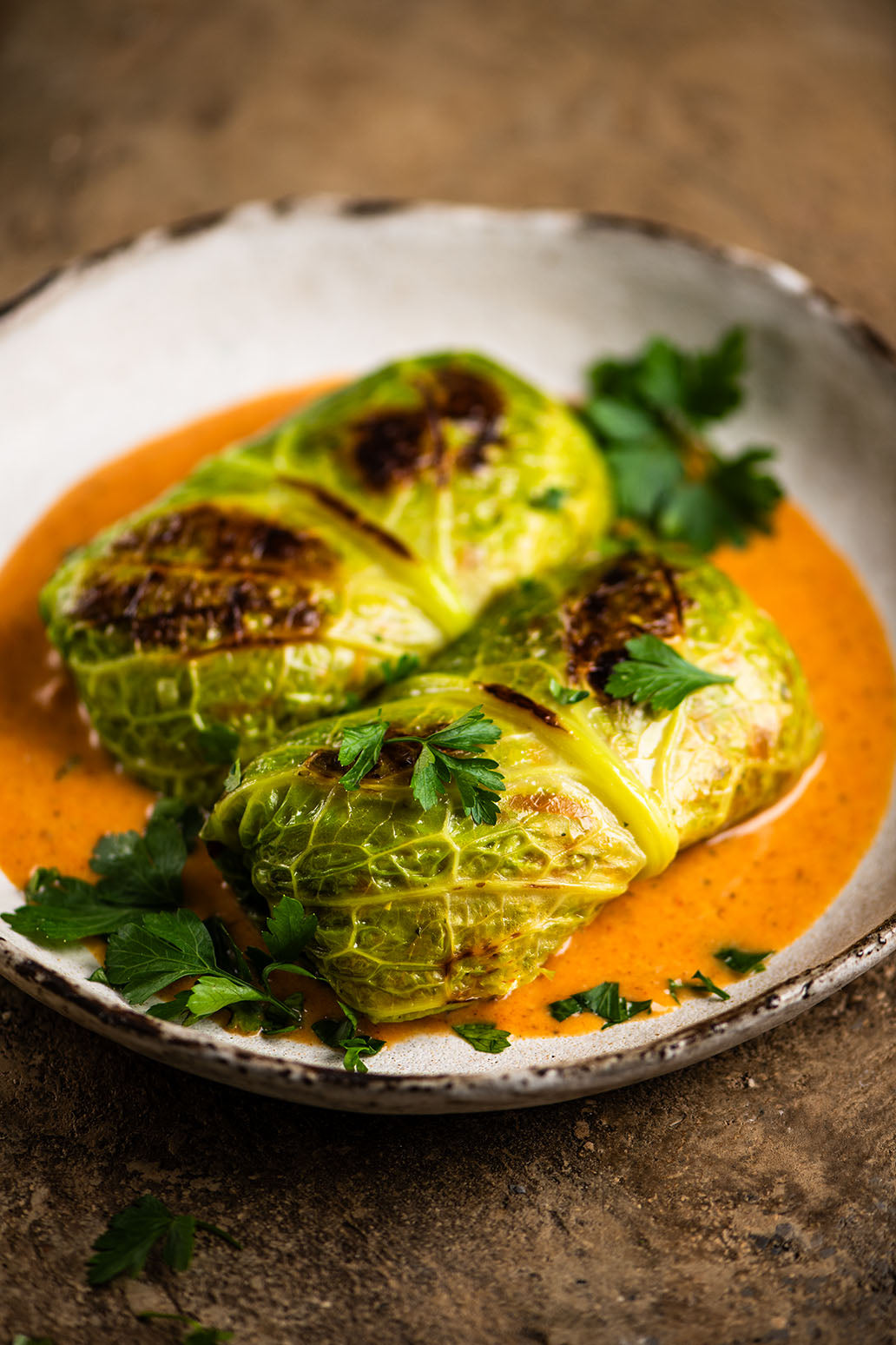 Auf einem hellen Teller liegen drei Rouladen aus kräftig grünen Wirsingblättern, gefüllt mit einer bunten Gemüsemasse. Daneben befindet sich eine kleine Portion bunter Beilagen – etwa Karotten- und Zucchinistreifen – und ein frischer Kräuterzweig. Das Gericht strahlt gesund-basische Ernährung aus: sattes Grün, natürliche Farben und leichte Zubereitung.