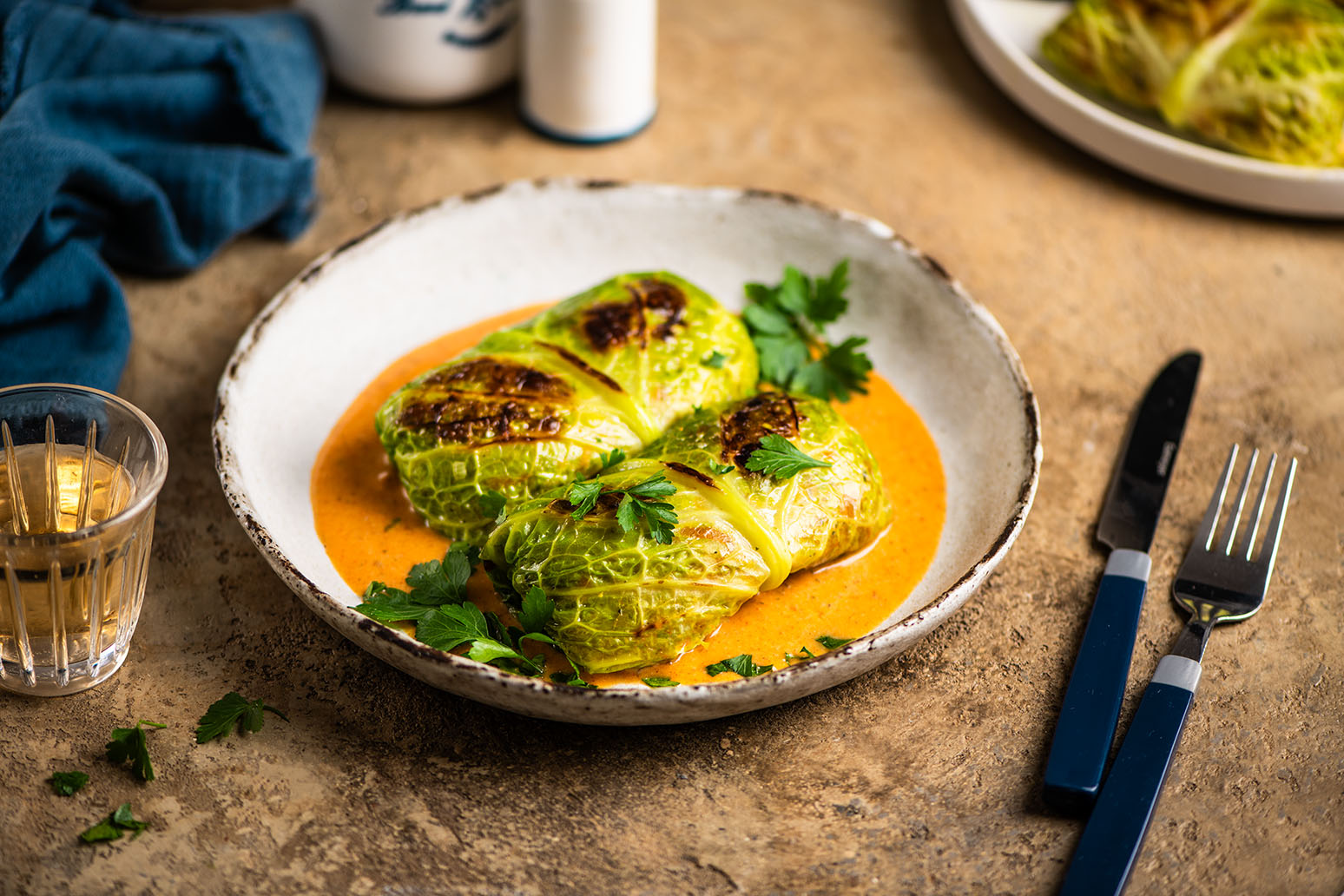 Ein Teller mit zwei Rouladen aus hellgrünem Wirsing, sorgfältig eingerollt und leicht gebräunt. Sie liegen nebeneinander auf einem hellen Teller auf einem bräunlichen Marmortisch. Die Rouladen wirken saftig und appetitlich – ideal im Kontext einer gesunden basischen Ernährung.
