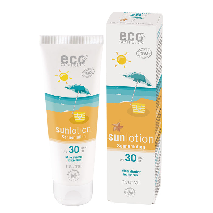 Eco Cosmetics Sonnenlotion Lichtschutzfaktor 30, Tube und Schachtel auf weißem Hintergrund