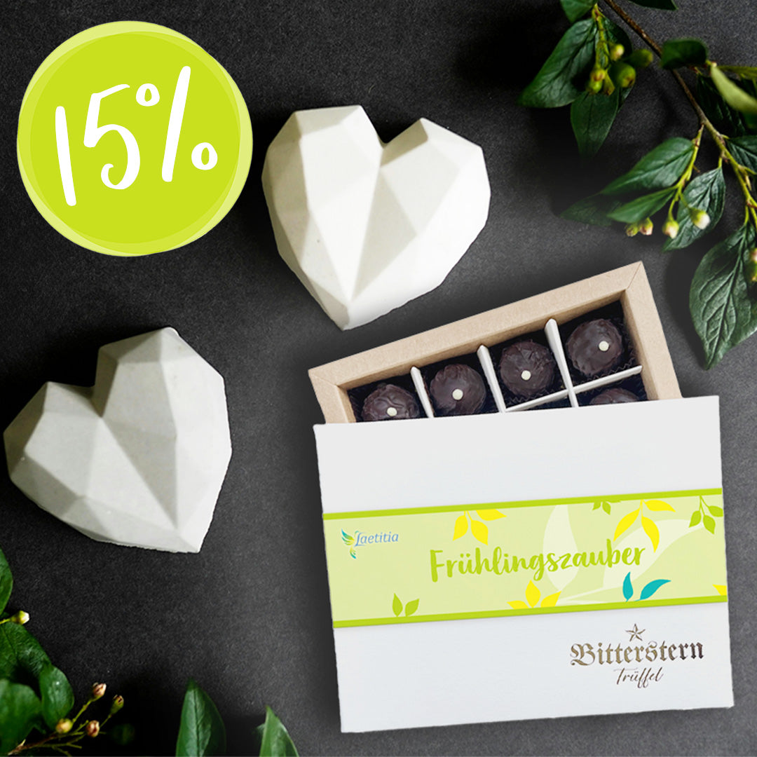 Schokoladentrüffel mit Frühlings-Design und einem Angebot zu Valentinstag