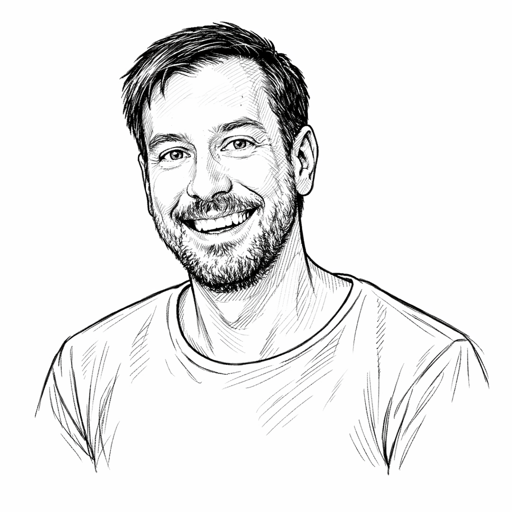 Illustration eines lächelnden Mannes aus dem Team von Laetitia als schwarz-weiße Porträtzeichnung mit kurzem Haar, Bart und T-Shirt.