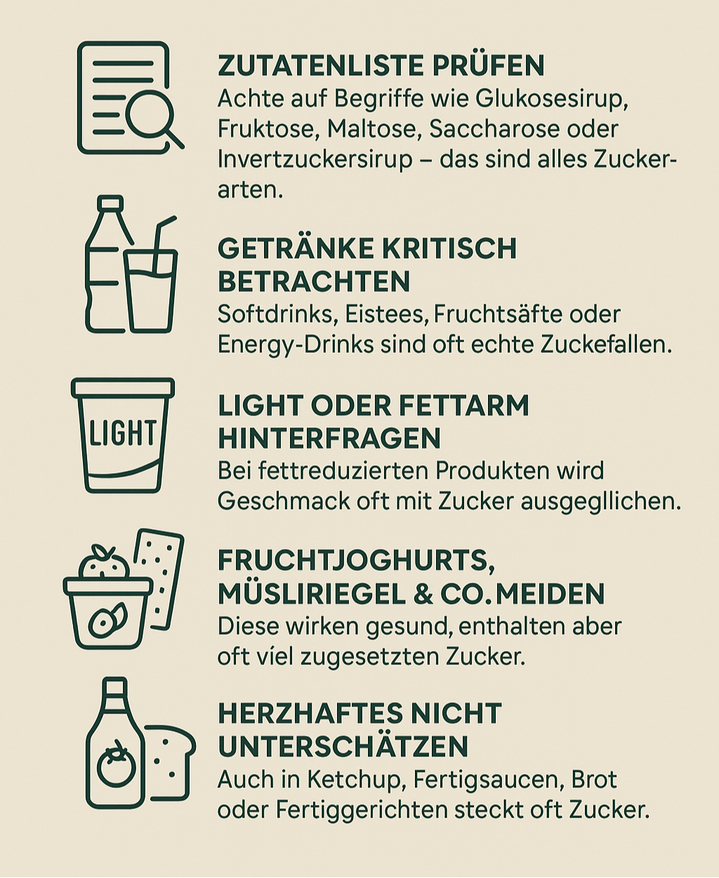 Infografik, die zeigt, in welchen Lebensmitteln versteckter Zucker ist. 