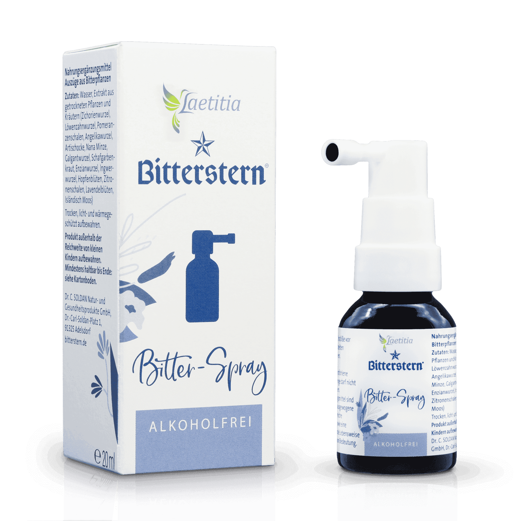 Bitterstern Bitterspray mit Verpackung auf weißem Hintergrund