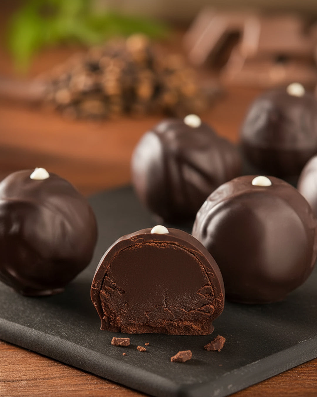 Edle Bitterstern Schokoladentrüffel aus feinster Zartbitterschokolade mit cremiger, dunkler Schokoladenfüllung auf einer eleganten Schieferplatte, perfekt für Genießer hochwertiger Confiserie und Schokoladenliebhaber. Ein Trüffel davon ist angeschnitten und zeigt die cremige, dunkle Schokoladenfüllung mit Bitterstern Bittertropfen. 