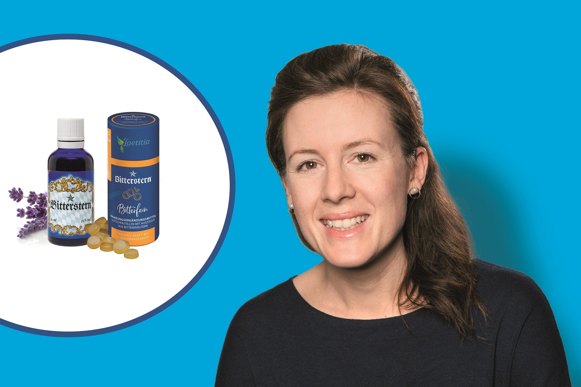 Unsere Mitarbeiterin Lena Rauh mit den Produkten Bitterstern Bittertropfen und Bitterstern Pastillen Bitterfein