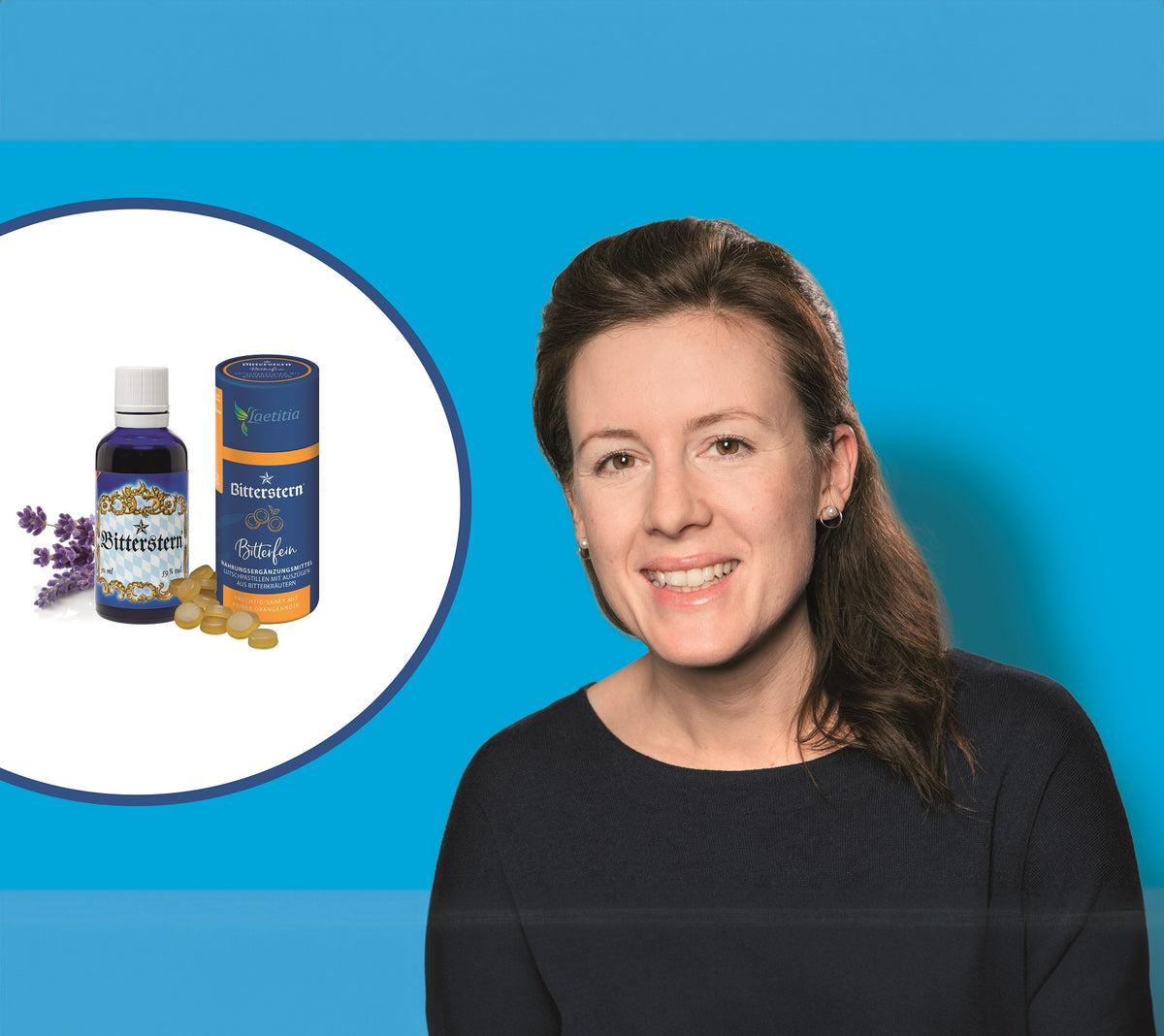Unsere Mitarbeiterin Lena Rauh mit den Produkten Bitterstern Bittertropfen und Bitterstern Pastillen Bitterfein