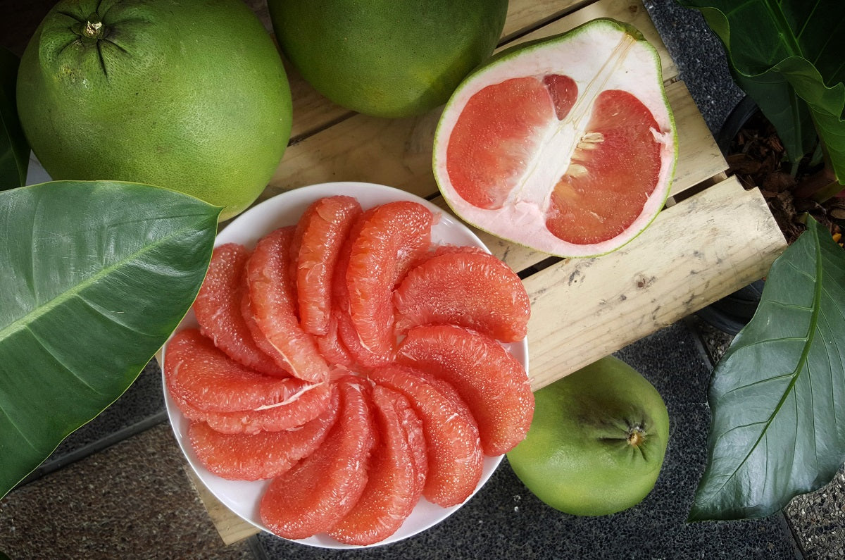Pomelo Schnitze, ganze und halbe Frucht auf einem Teller und Holzbrett mit Blättern. Pomelos sind bittere Früchte
