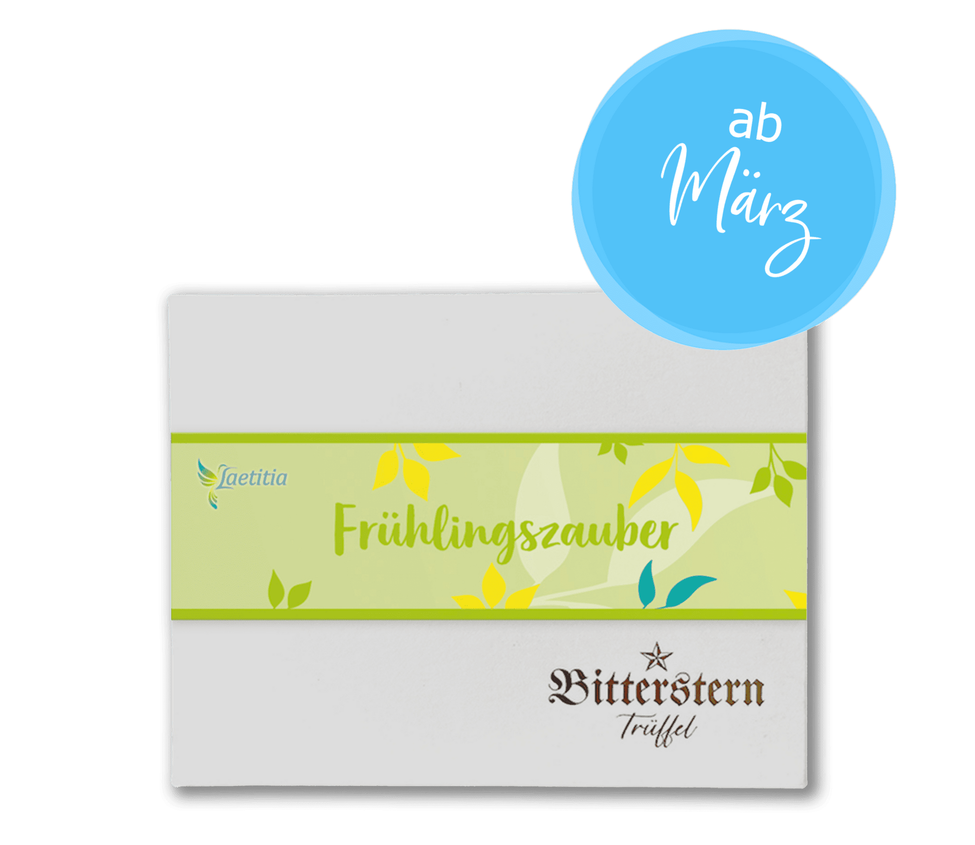 Schachtel mit 12 Original Bitterstern-Trüffeln, Frühlingsedition, verziert mit grüner Verpackung und gelben Blattmotiven.