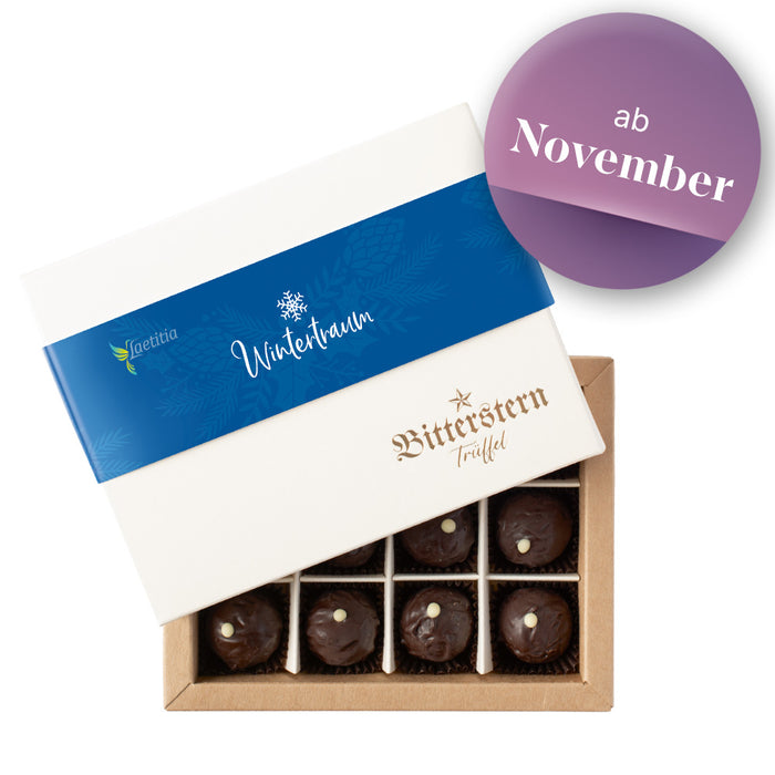Schokoladentrüffel von Laetitia in der Wintertraum Verpackung mit einem Störer "ab November"