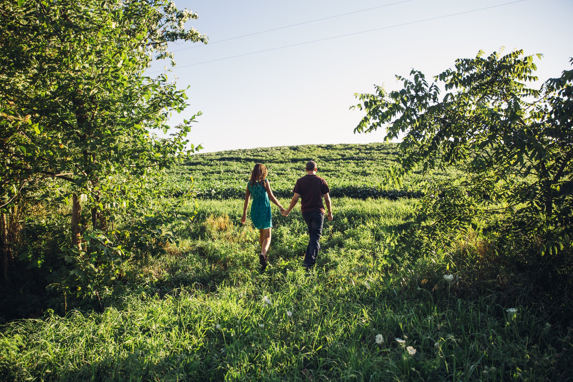 Frau und Mann laufen Händchen haltend über eine Wiese gesäumt mit Bäumen