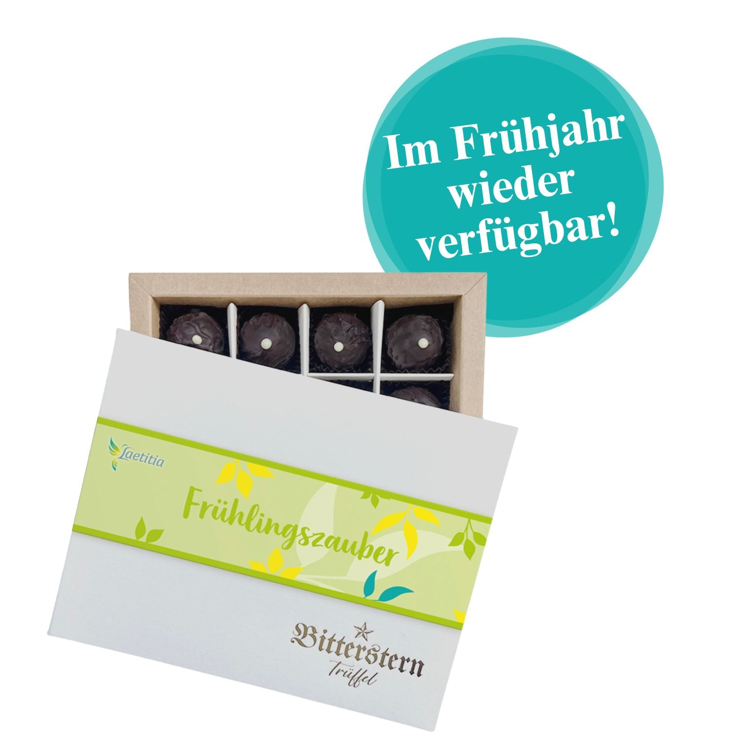 Bitterstern Trüffel Frühlingsedition mit einem Aufkleber: Im Frühjahr wieder verfügbar