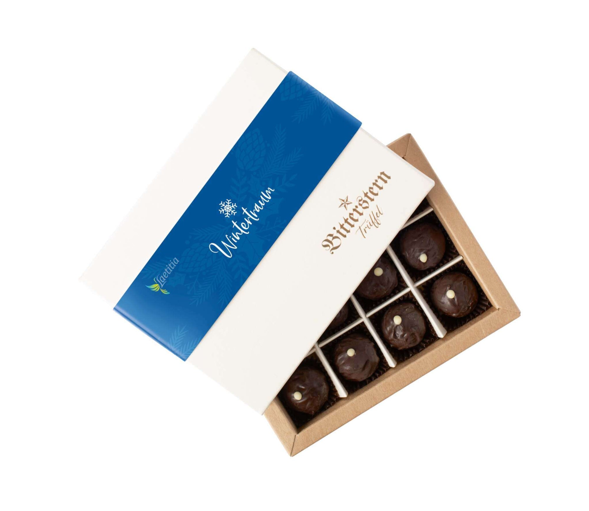 Offene Schachtel mit 12 Original Bitterstern-Trüffeln Winteredition, edle Pralinen mit dunkler Schokolade, elegant verpackt.