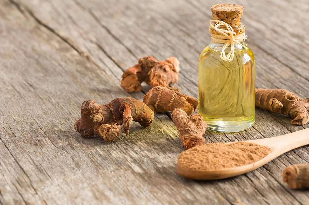 Trockenstücke der Galgantwurzel, ein Holzlöffel mit gemahlenem Galgantpulver und ein kleines Glasfläschchen mit Glagantöl auf rustikalem Holztisch. Die Szene zeigt die vielseitigen Methoden der Haltbarmachung für die Lagerung.