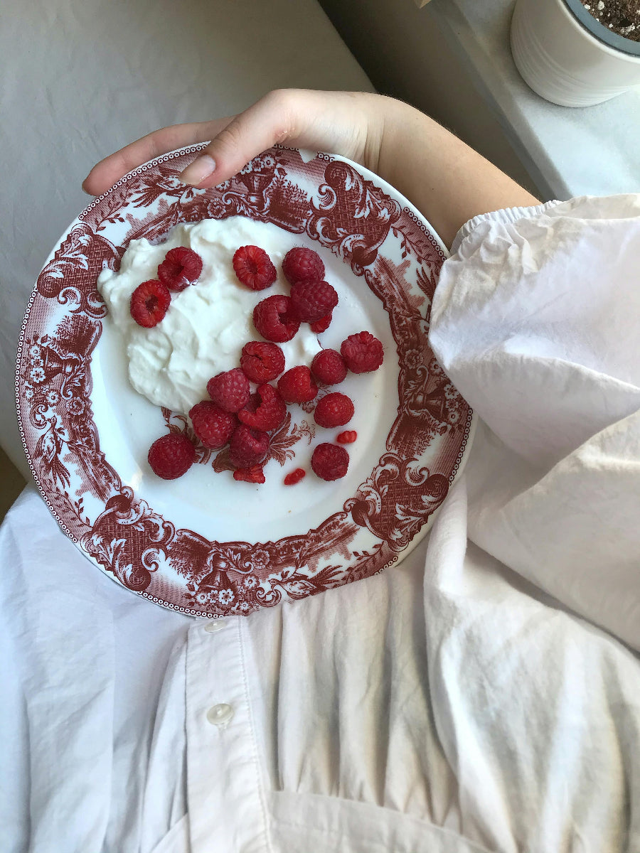 Hand hält einen rot-weiß gemusterten Teller mit cremigem Skyr und frischen Himbeeren auf weißer Kleidung. Das proteinreiche Milchprodukt steht im Zusammenhang mit der Frage, ob Skyr basisch oder säurebildend wirkt.