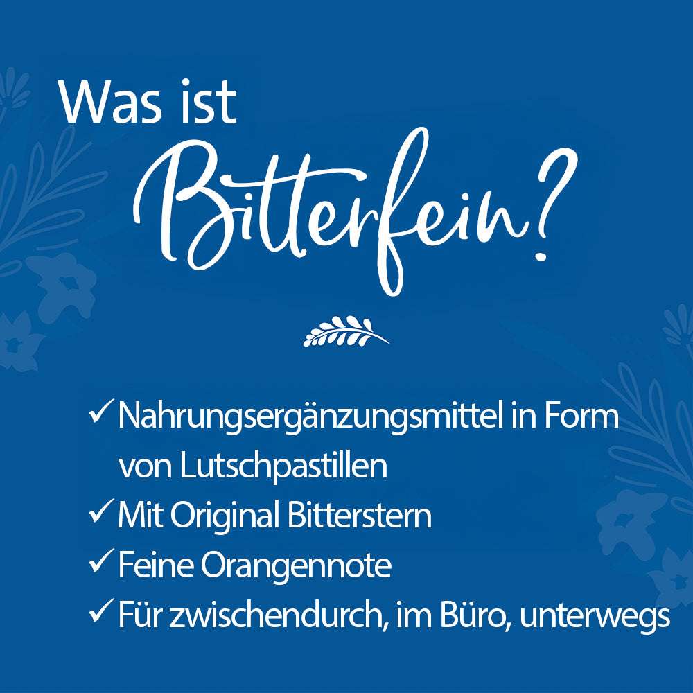 Blauer Hintergrund mit Text: "Was ist Bitterfein?", Details zu Bitterstern Lutschpastillen, Orangenote, ideal für Büro und unterwegs.