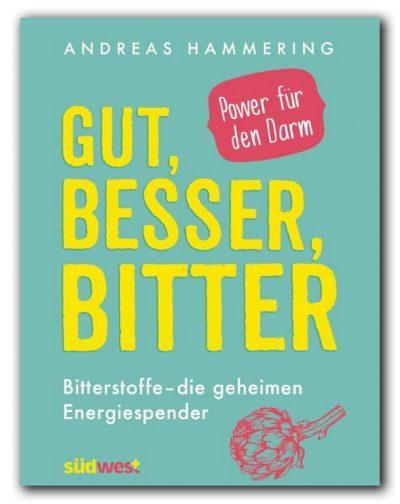 Buchcover mit dem Titel "Gut, besser, bitter. Geheime Energiespender." auf türkisem Hintergrund, Artischocke als Motiv.