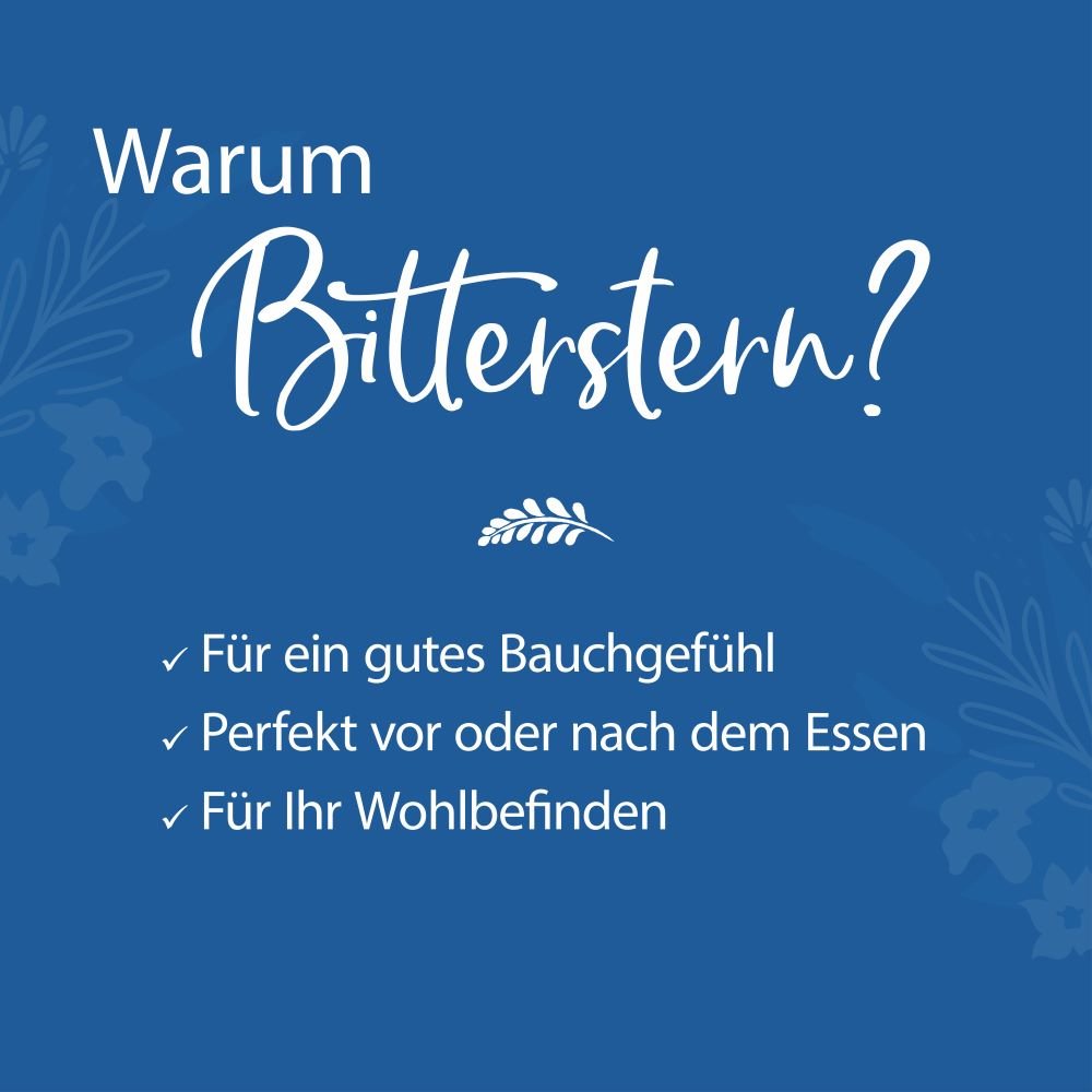 Blaues Banner mit "Warum Bitterstern?" und Punkten: angenehmes Bauchgefühl, vor/nach dem Essen, für Wohlbefinden.